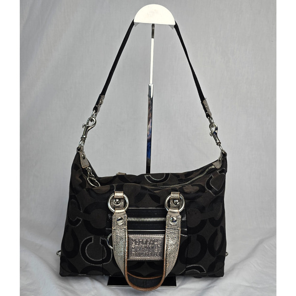 Caoch Poppy OPT Art 15863 Satchel Shoulder Bag Black Silver Signature Jacquard - Picture 1 of 16